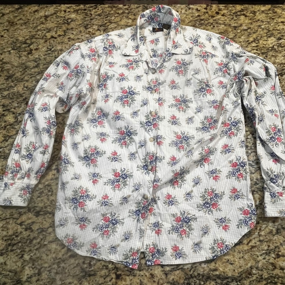 Vintage Lizsport Floral Gingham Cotton Button Down Shirt Womens Large Rose Print